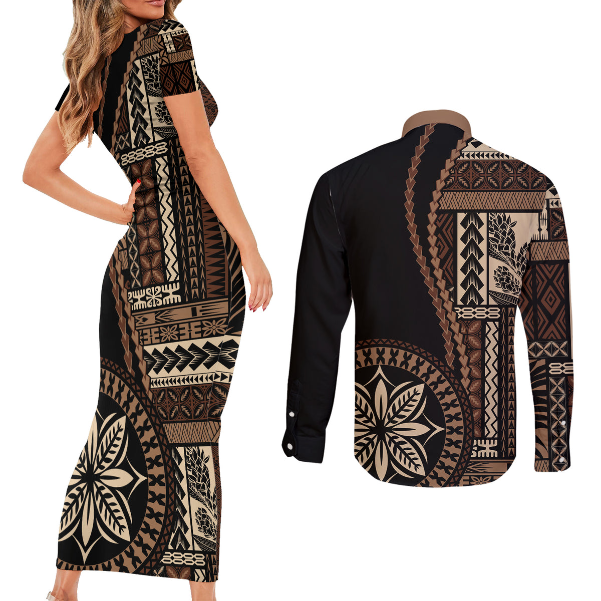 Samoa Siapo Motif Couples Matching Short Sleeve Bodycon Dress and Long Sleeve Button Shirt Classic Style - Black Ver LT7 - Wonder Print Shop
