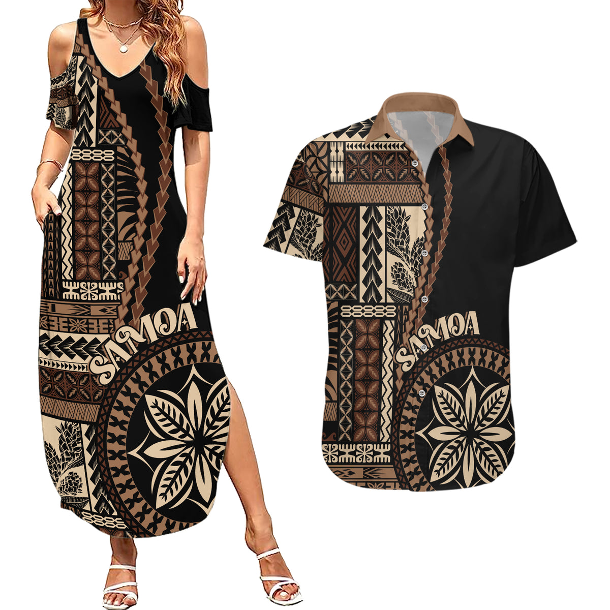 Samoa Siapo Motif Couples Matching Summer Maxi Dress and Hawaiian Shirt Classic Style - Black Ver LT7 - Wonder Print Shop