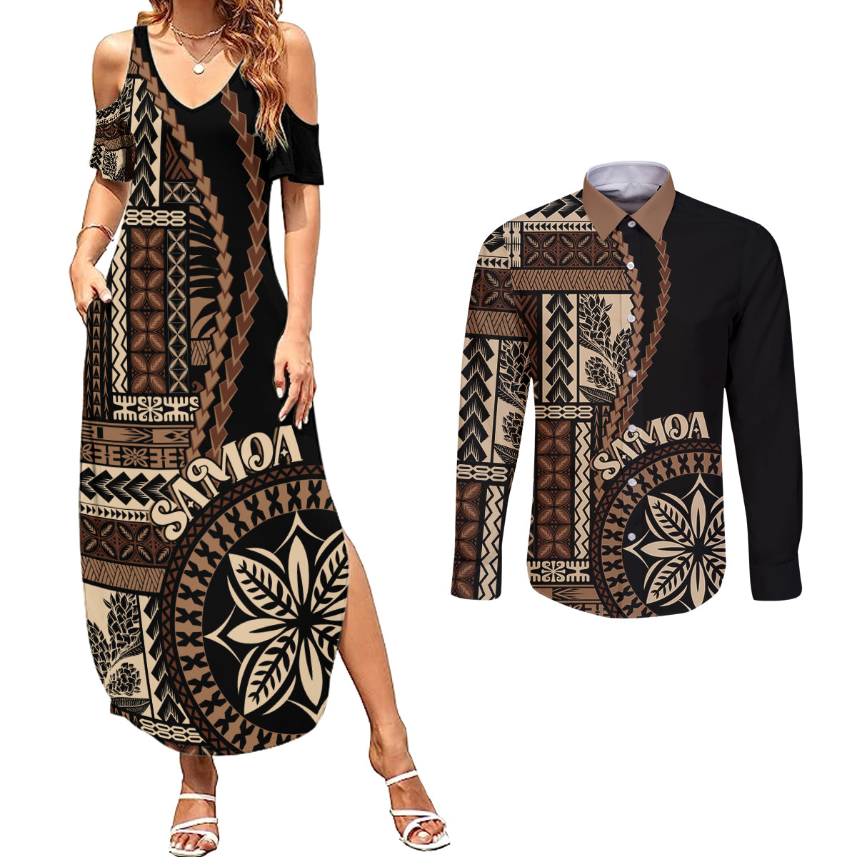 Samoa Siapo Motif Couples Matching Summer Maxi Dress and Long Sleeve Button Shirt Classic Style - Black Ver LT7 - Wonder Print Shop