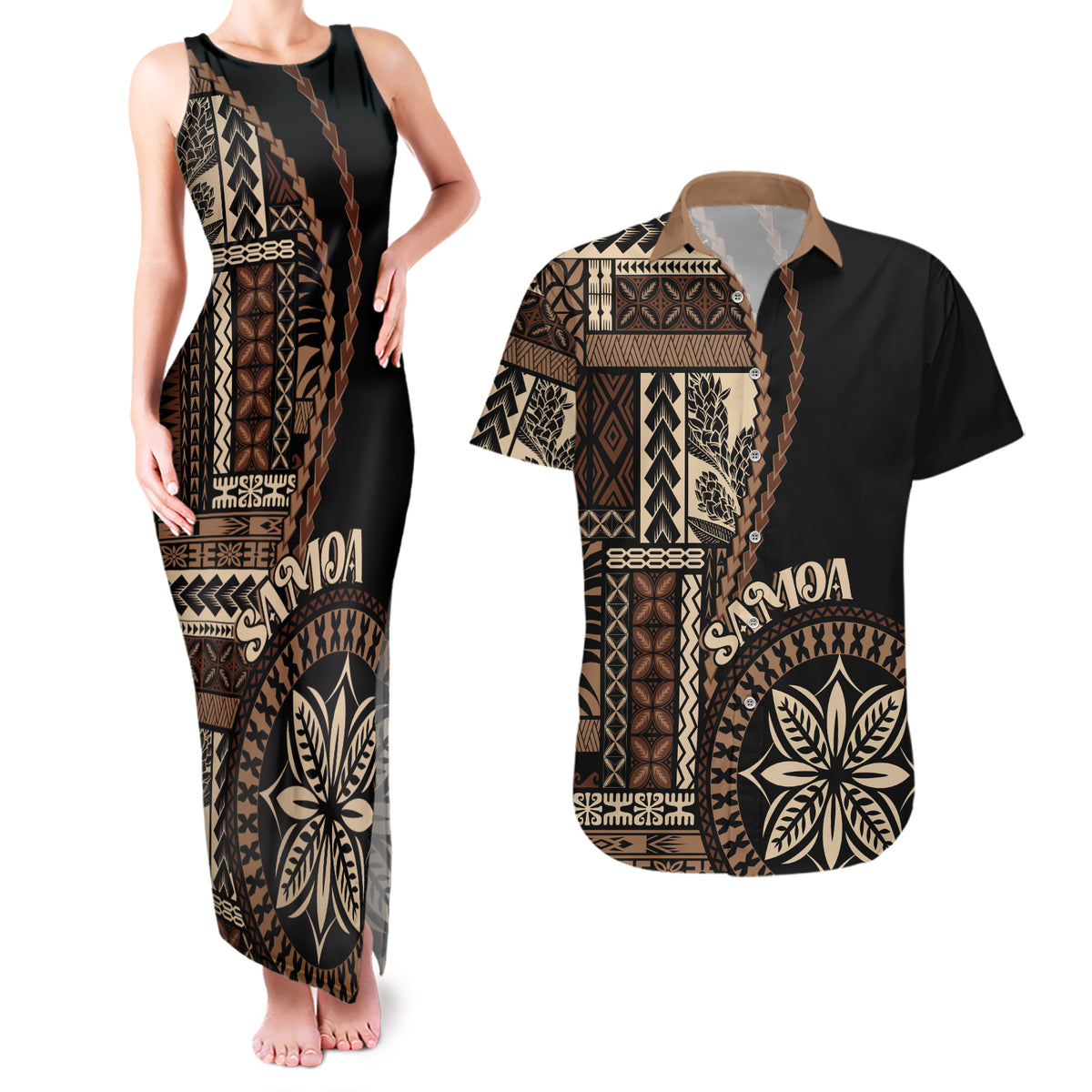 Samoa Siapo Motif Couples Matching Tank Maxi Dress and Hawaiian Shirt Classic Style - Black Ver LT7 - Wonder Print Shop