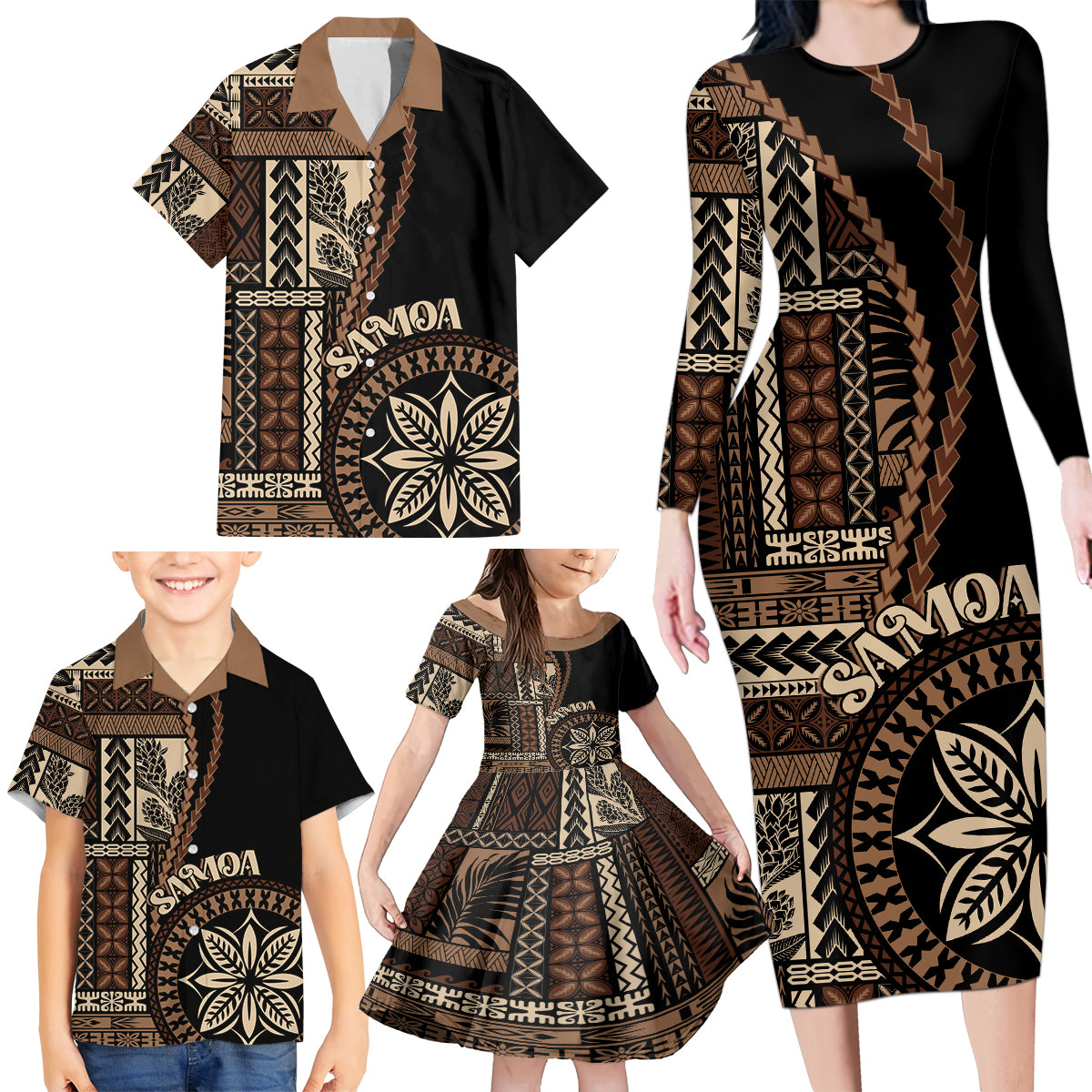 Samoa Siapo Motif Family Matching Long Sleeve Bodycon Dress and Hawaiian Shirt Classic Style - Black Ver LT7 - Wonder Print Shop