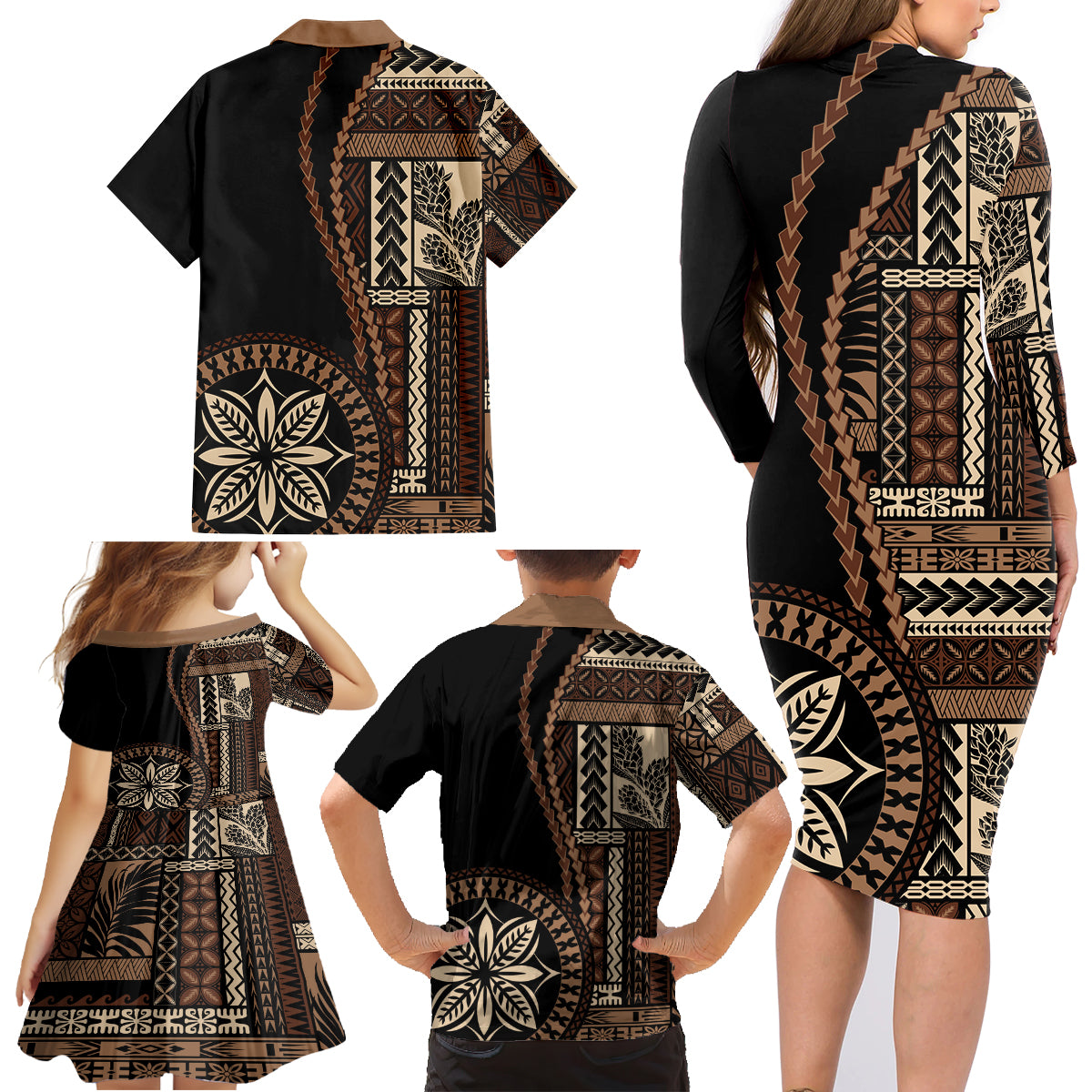Samoa Siapo Motif Family Matching Long Sleeve Bodycon Dress and Hawaiian Shirt Classic Style - Black Ver LT7 - Wonder Print Shop