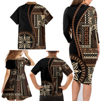Samoa Siapo Motif Family Matching Long Sleeve Bodycon Dress and Hawaiian Shirt Classic Style - Black Ver LT7 - Wonder Print Shop