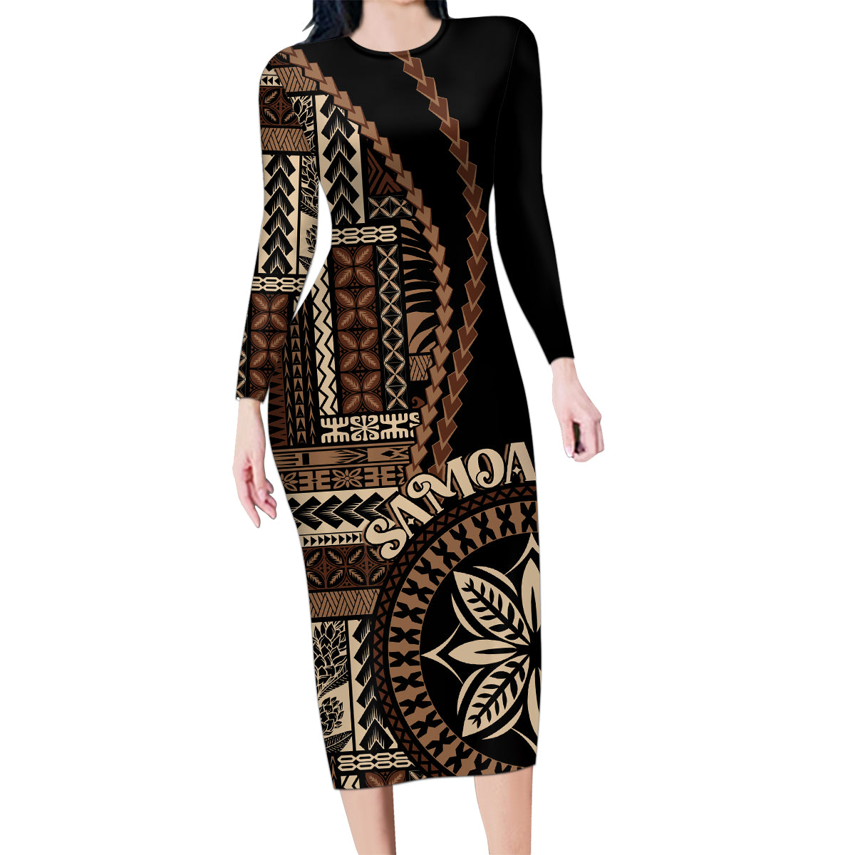 Samoa Siapo Motif Family Matching Long Sleeve Bodycon Dress and Hawaiian Shirt Classic Style - Black Ver LT7 - Wonder Print Shop