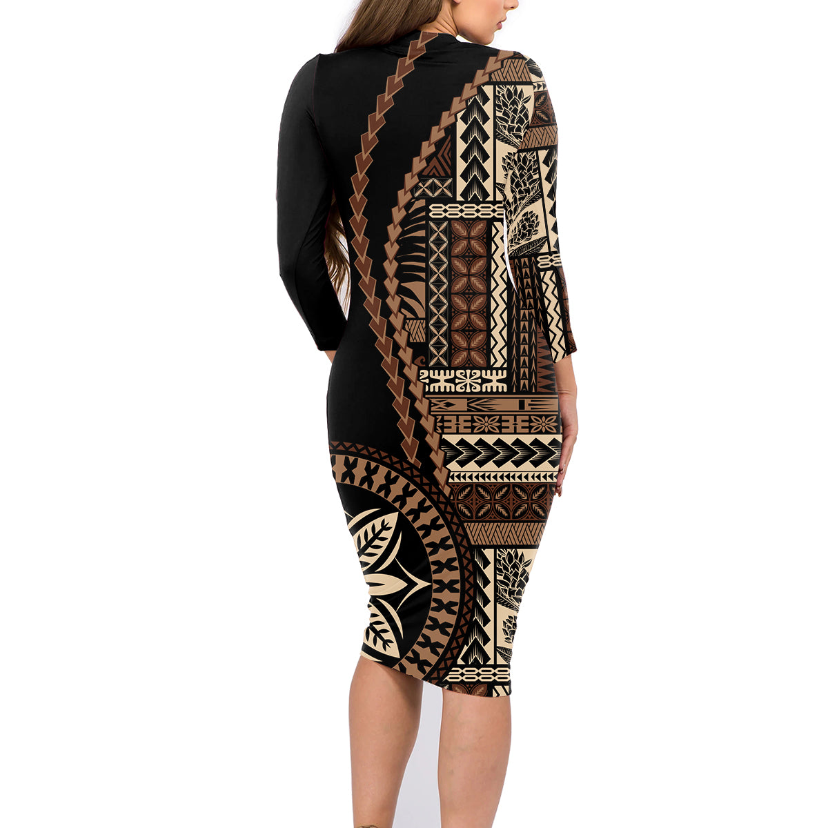 Samoa Siapo Motif Family Matching Long Sleeve Bodycon Dress and Hawaiian Shirt Classic Style - Black Ver LT7 - Wonder Print Shop