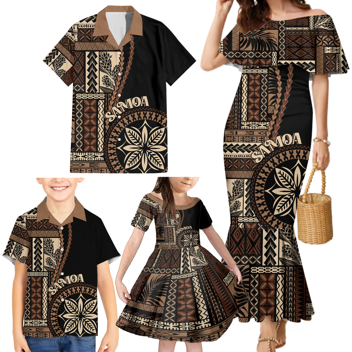 Samoa Siapo Motif Family Matching Mermaid Dress and Hawaiian Shirt Classic Style - Black Ver LT7 - Wonder Print Shop