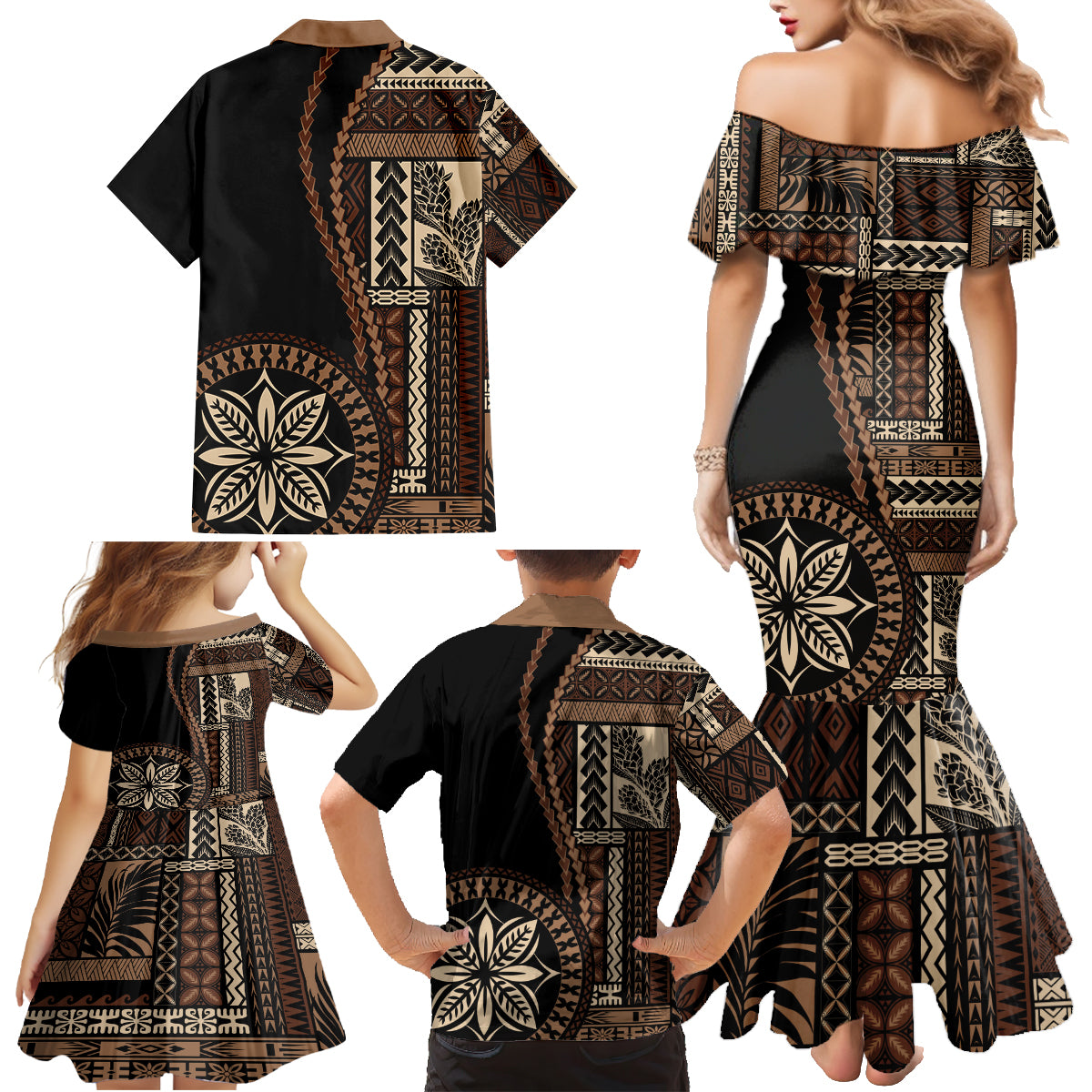 Samoa Siapo Motif Family Matching Mermaid Dress and Hawaiian Shirt Classic Style - Black Ver LT7 - Wonder Print Shop