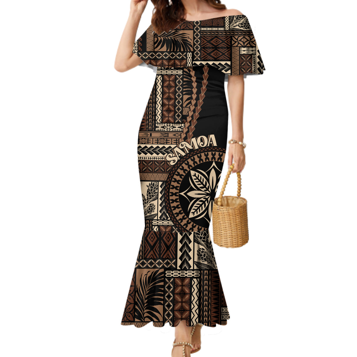 Samoa Siapo Motif Family Matching Mermaid Dress and Hawaiian Shirt Classic Style - Black Ver LT7 - Wonder Print Shop