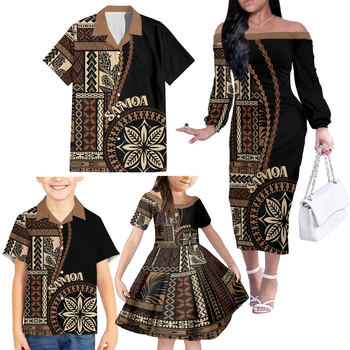 Samoa Siapo Motif Family Matching Off Shoulder Long Sleeve Dress and Hawaiian Shirt Classic Style - Black Ver - Wonder Print Shop