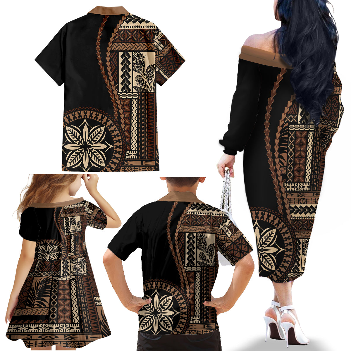 Samoa Siapo Motif Family Matching Off Shoulder Long Sleeve Dress and Hawaiian Shirt Classic Style - Black Ver - Wonder Print Shop