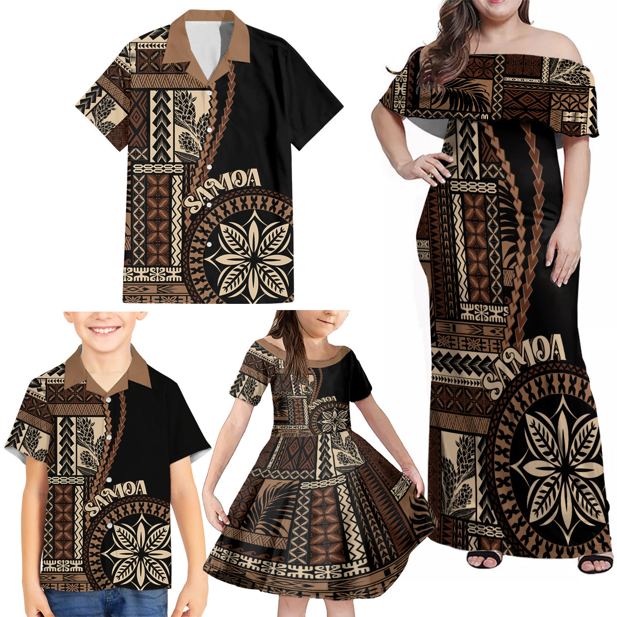 Samoa Siapo Motif Family Matching Off Shoulder Maxi Dress and Hawaiian Shirt Classic Style - Black Ver LT7 - Wonder Print Shop
