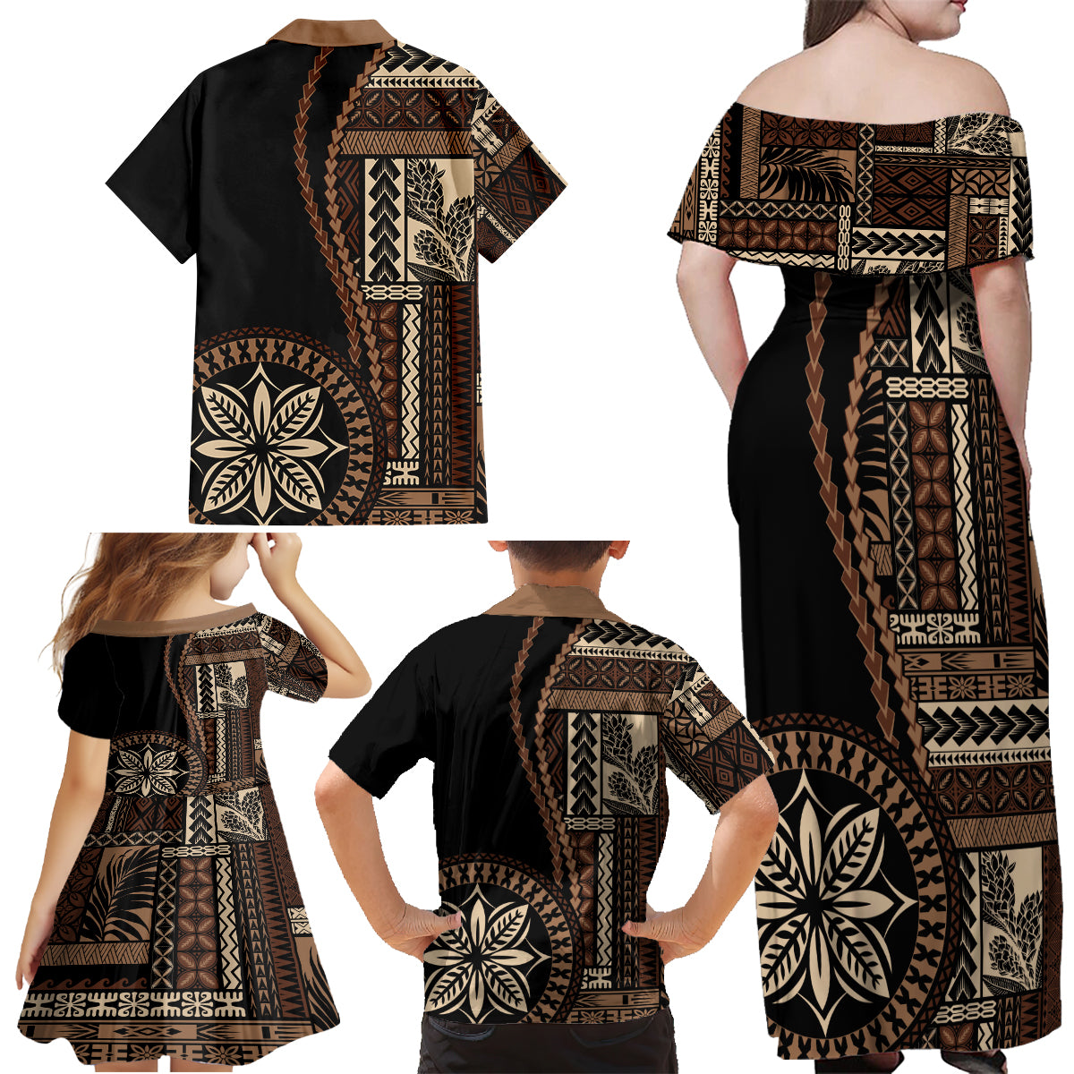 Samoa Siapo Motif Family Matching Off Shoulder Maxi Dress and Hawaiian Shirt Classic Style - Black Ver LT7 - Wonder Print Shop
