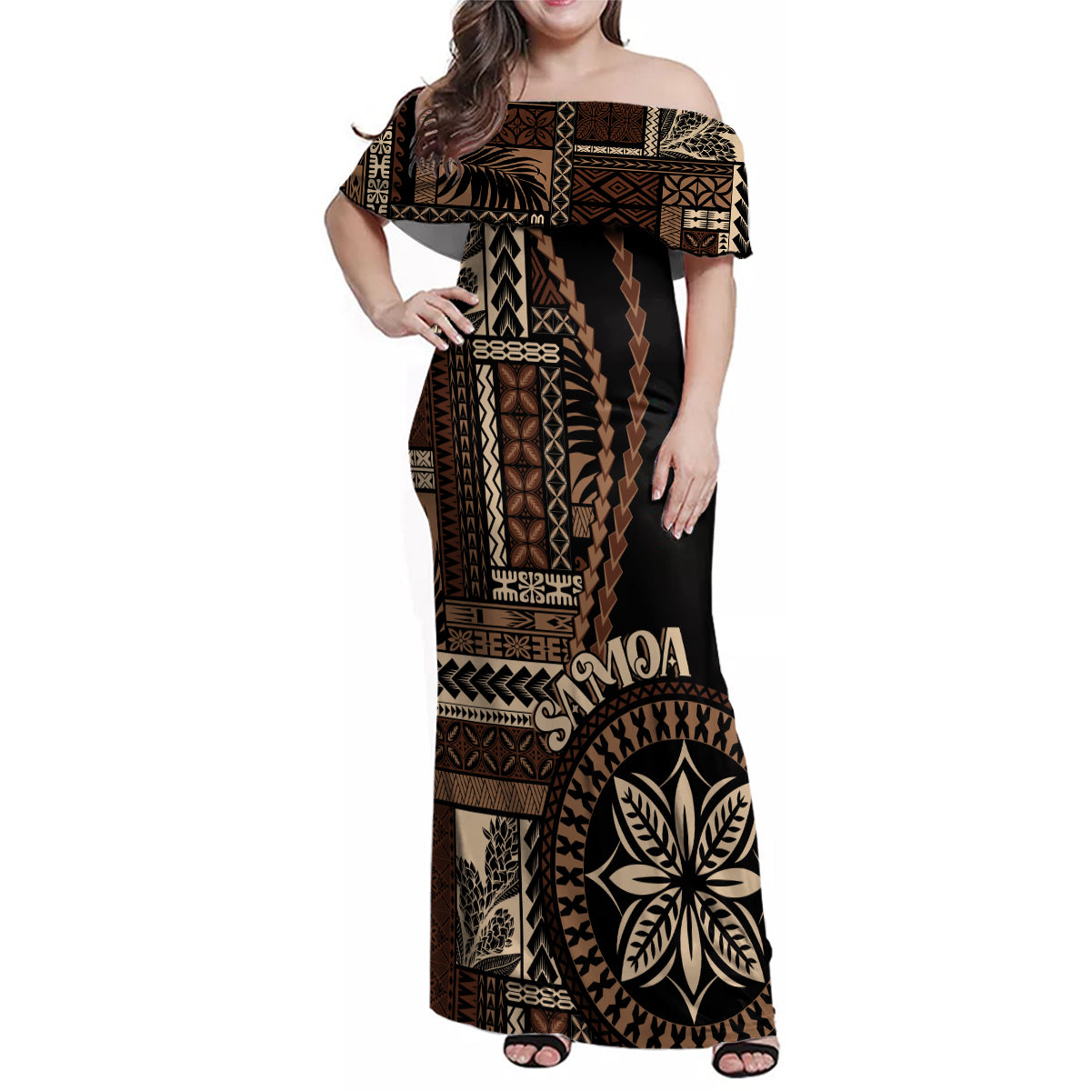 Samoa Siapo Motif Family Matching Off Shoulder Maxi Dress and Hawaiian Shirt Classic Style - Black Ver LT7 - Wonder Print Shop