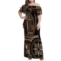 Samoa Siapo Motif Family Matching Off Shoulder Maxi Dress and Hawaiian Shirt Classic Style - Black Ver LT7 - Wonder Print Shop