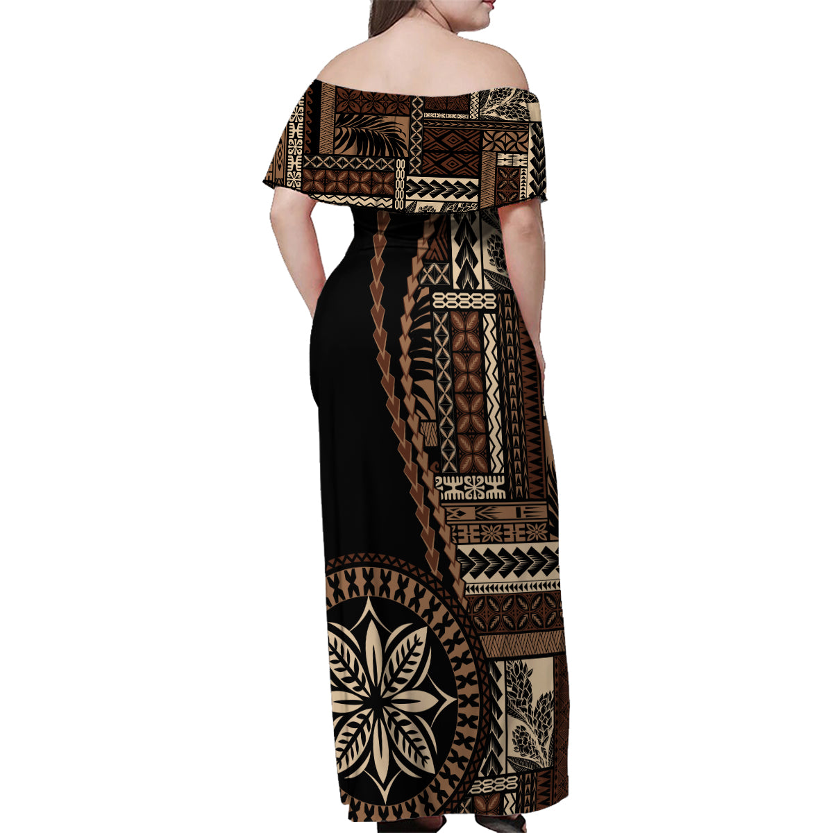 Samoa Siapo Motif Family Matching Off Shoulder Maxi Dress and Hawaiian Shirt Classic Style - Black Ver LT7 - Wonder Print Shop