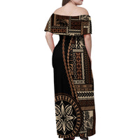 Samoa Siapo Motif Family Matching Off Shoulder Maxi Dress and Hawaiian Shirt Classic Style - Black Ver LT7 - Wonder Print Shop