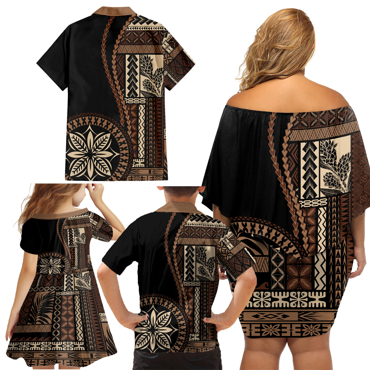 Samoa Siapo Motif Family Matching Off Shoulder Short Dress and Hawaiian Shirt Classic Style - Black Ver LT7 - Wonder Print Shop