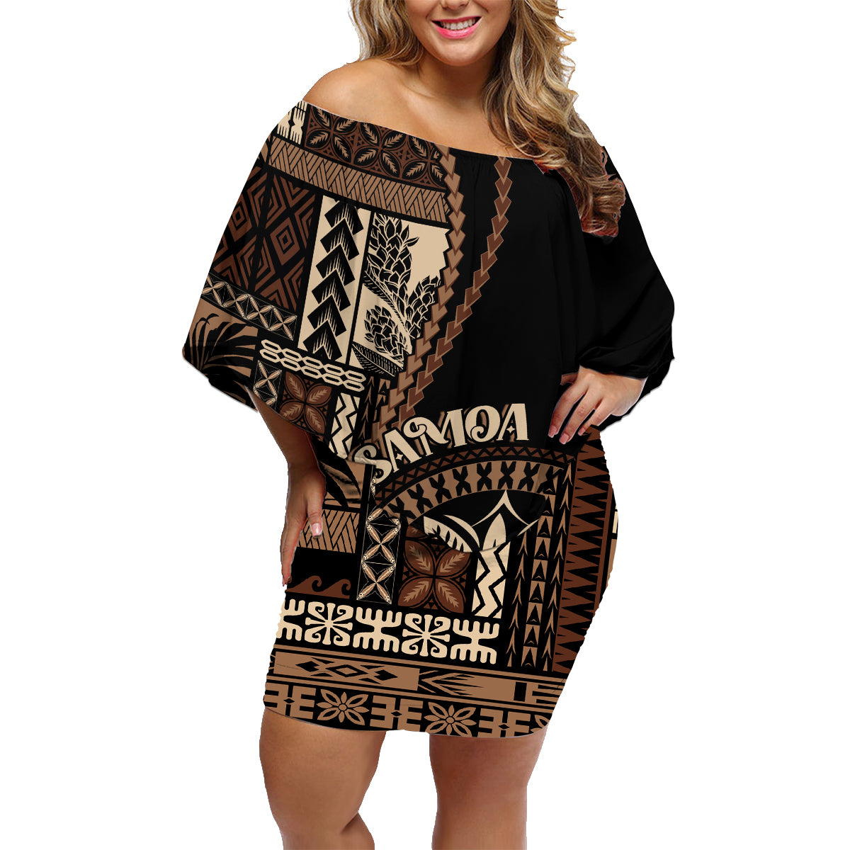 Samoa Siapo Motif Family Matching Off Shoulder Short Dress and Hawaiian Shirt Classic Style - Black Ver LT7 - Wonder Print Shop