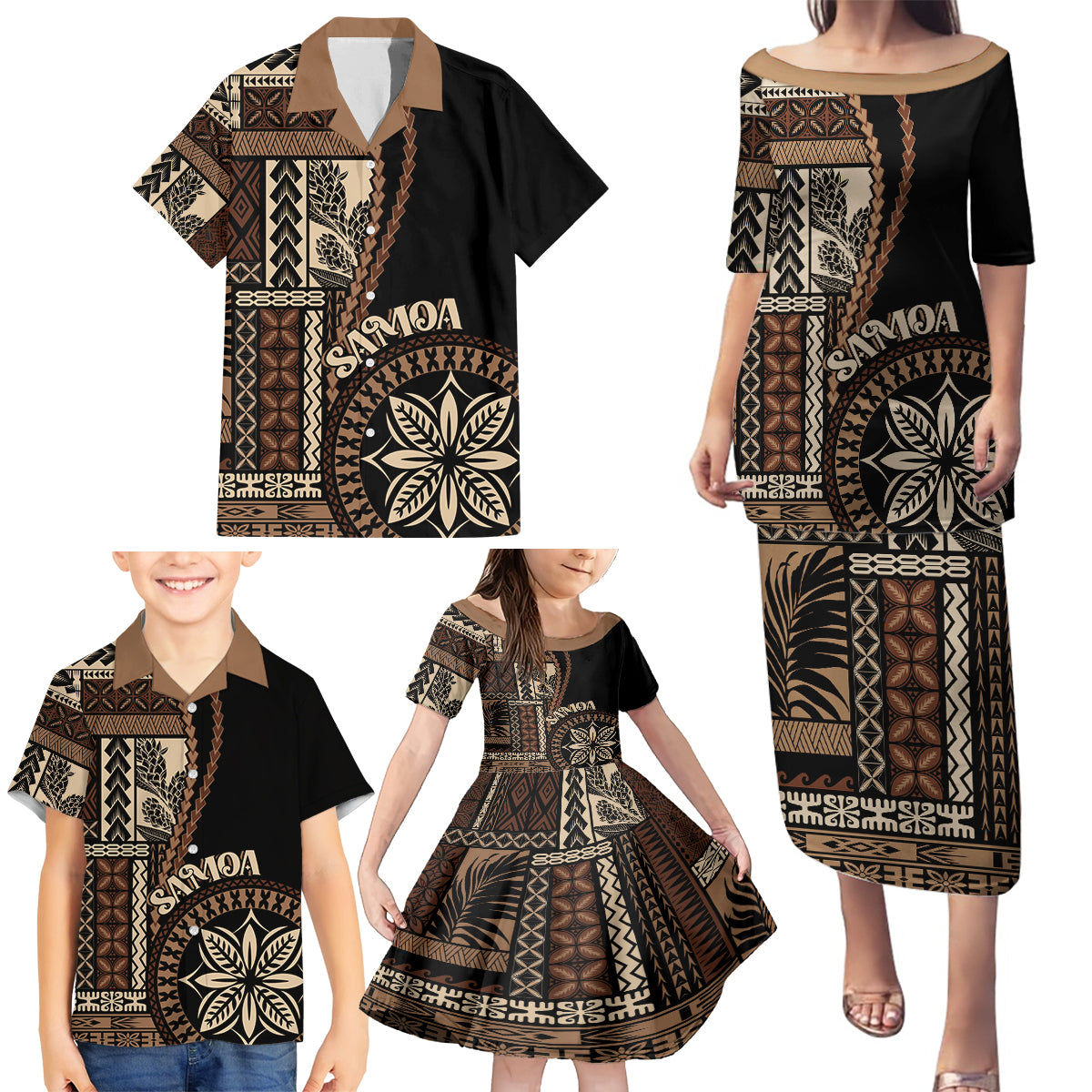 Samoa Siapo Motif Family Matching Puletasi Dress and Hawaiian Shirt Classic Style - Black Ver - Wonder Print Shop