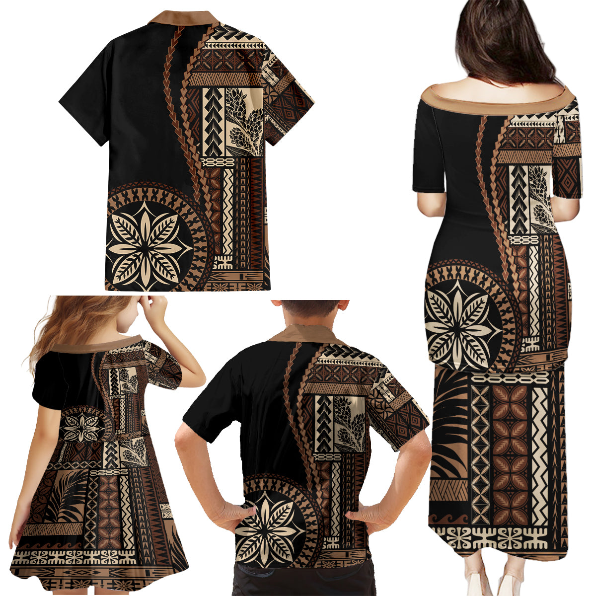 Samoa Siapo Motif Family Matching Puletasi Dress and Hawaiian Shirt Classic Style - Black Ver - Wonder Print Shop