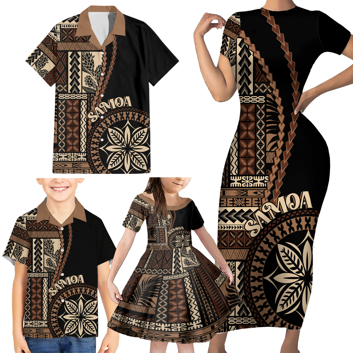 Samoa Siapo Motif Family Matching Short Sleeve Bodycon Dress and Hawaiian Shirt Classic Style - Black Ver - Wonder Print Shop