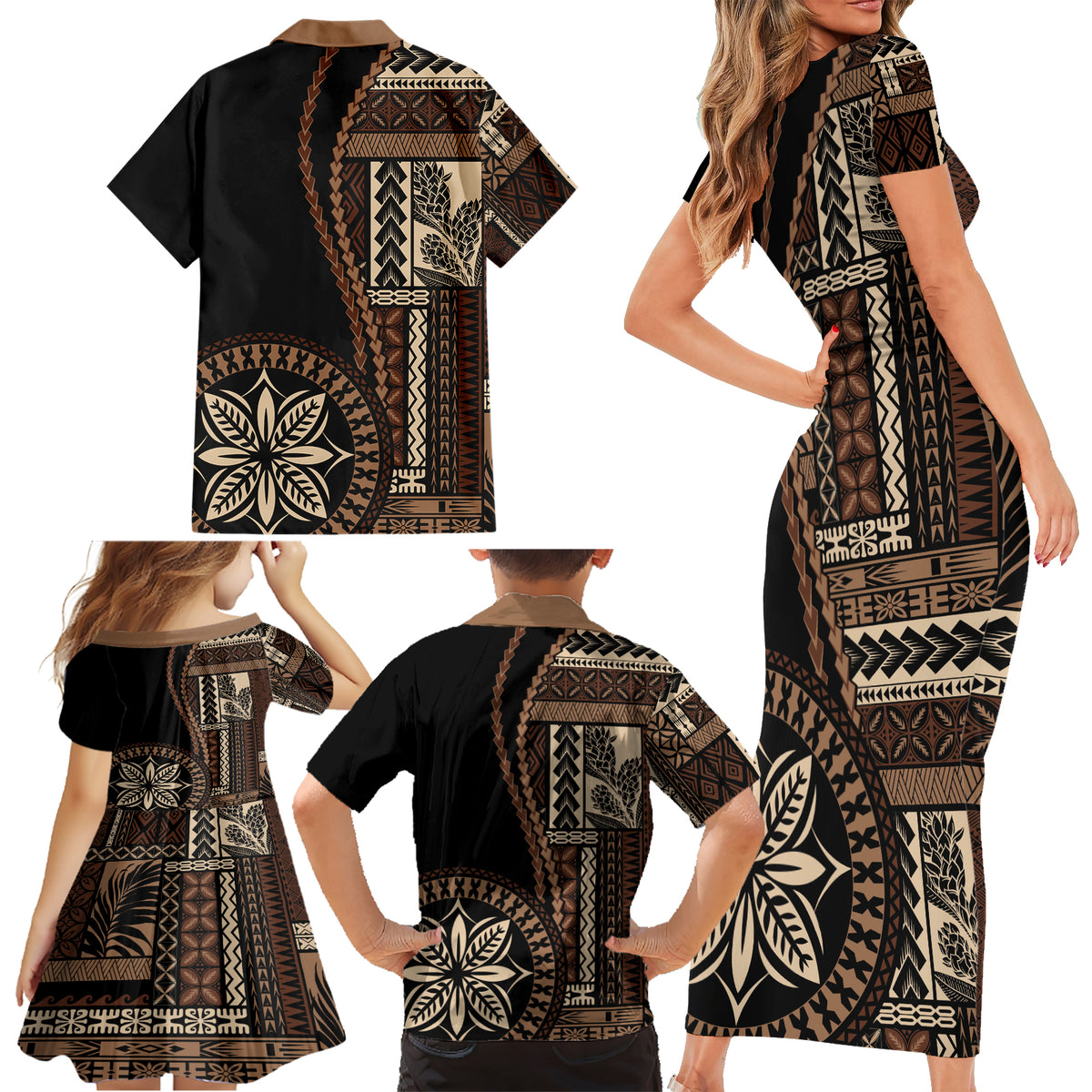 Samoa Siapo Motif Family Matching Short Sleeve Bodycon Dress and Hawaiian Shirt Classic Style - Black Ver - Wonder Print Shop