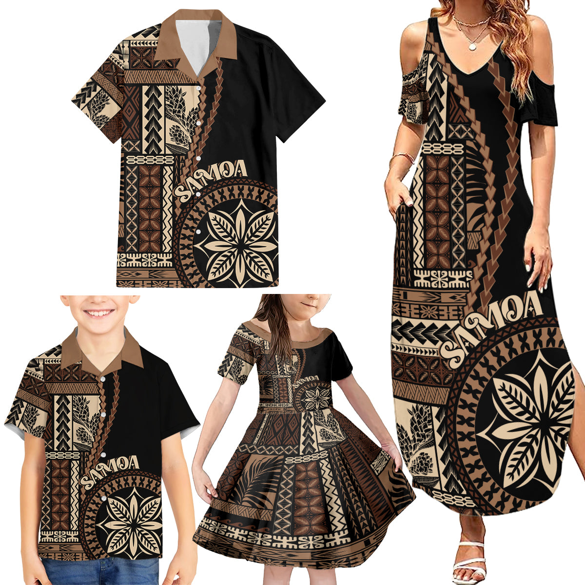 Samoa Siapo Motif Family Matching Summer Maxi Dress and Hawaiian Shirt Classic Style - Black Ver - Wonder Print Shop