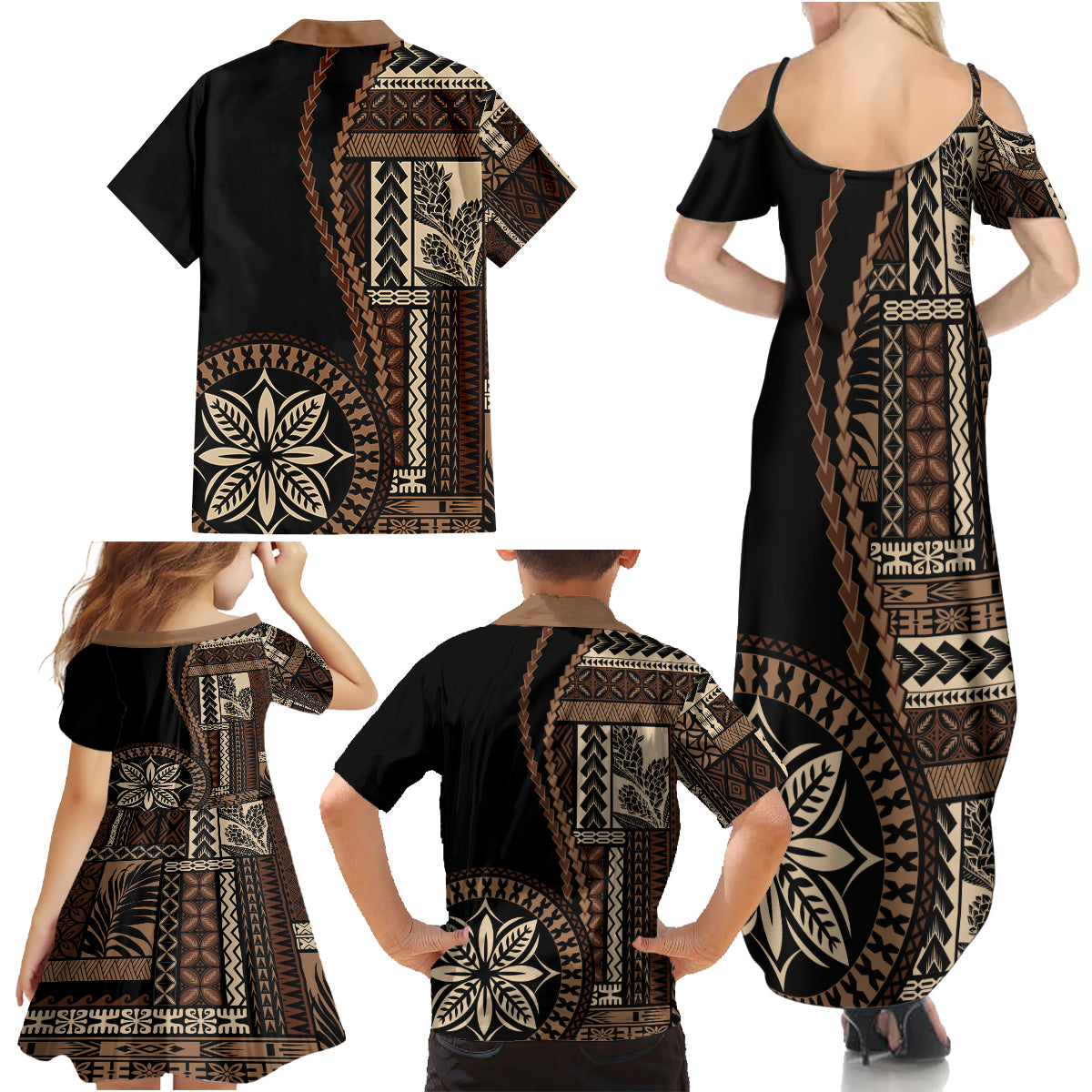 Samoa Siapo Motif Family Matching Summer Maxi Dress and Hawaiian Shirt Classic Style - Black Ver - Wonder Print Shop
