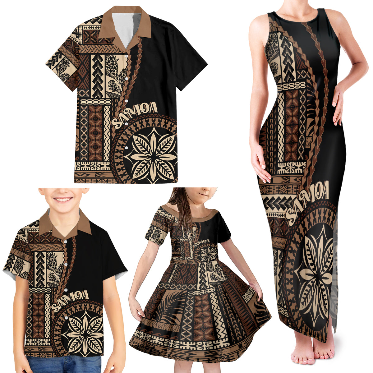 Samoa Siapo Motif Family Matching Tank Maxi Dress and Hawaiian Shirt Classic Style - Black Ver - Wonder Print Shop