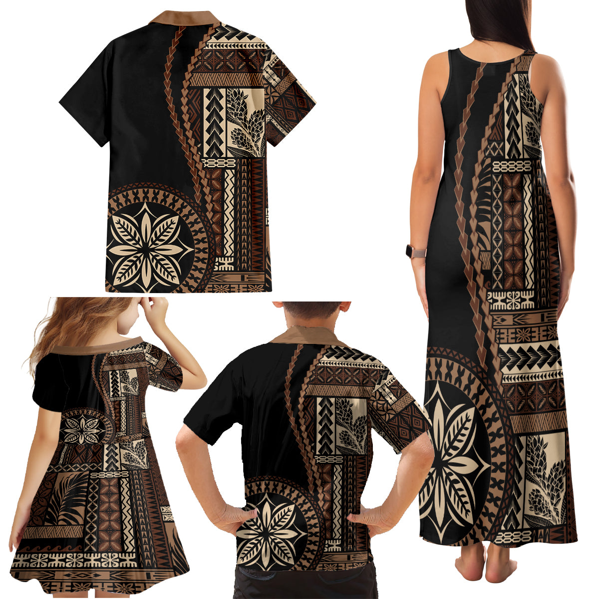 Samoa Siapo Motif Family Matching Tank Maxi Dress and Hawaiian Shirt Classic Style - Black Ver - Wonder Print Shop