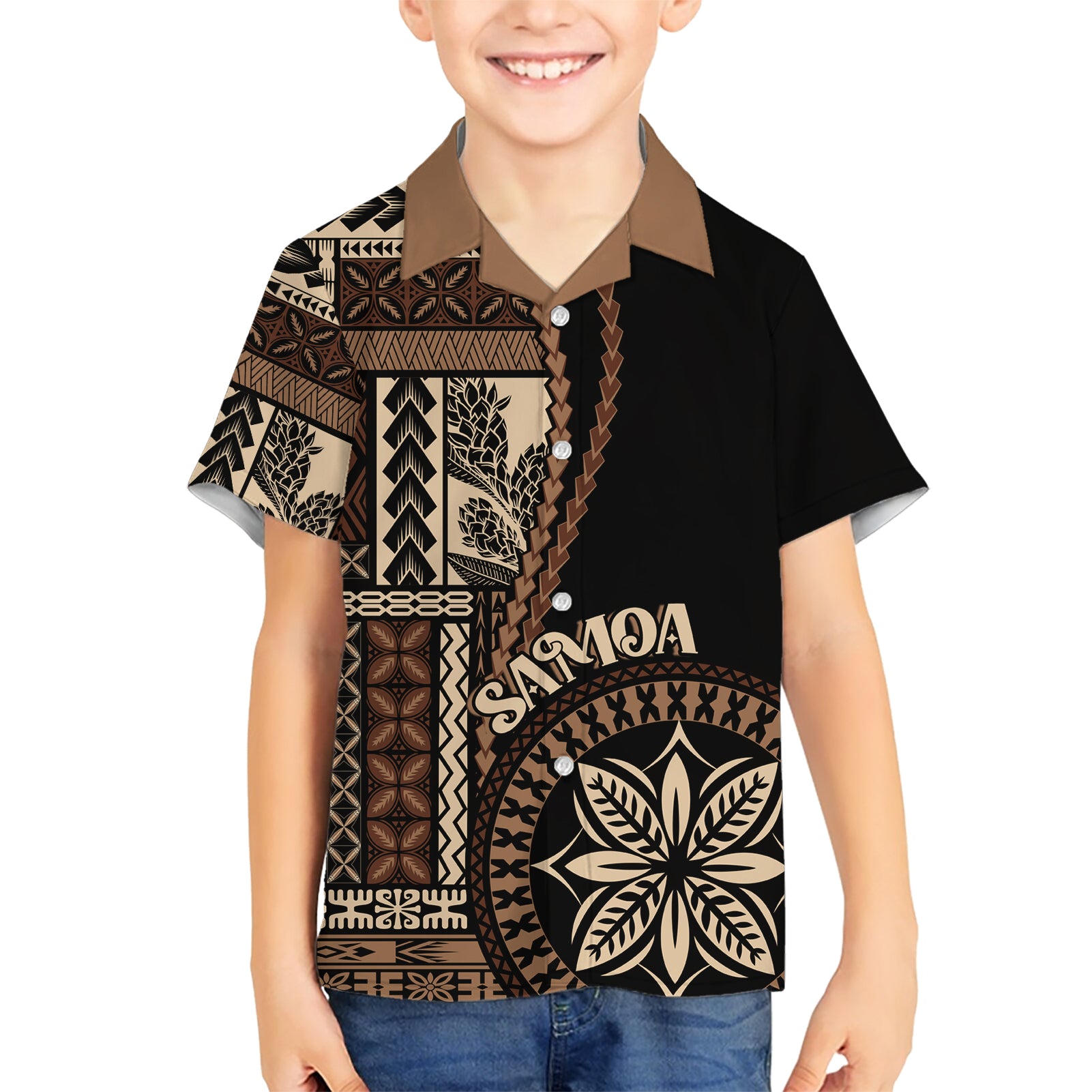 Samoa Siapo Motif Kid Hawaiian Shirt Classic Style - Black Ver - Wonder Print Shop