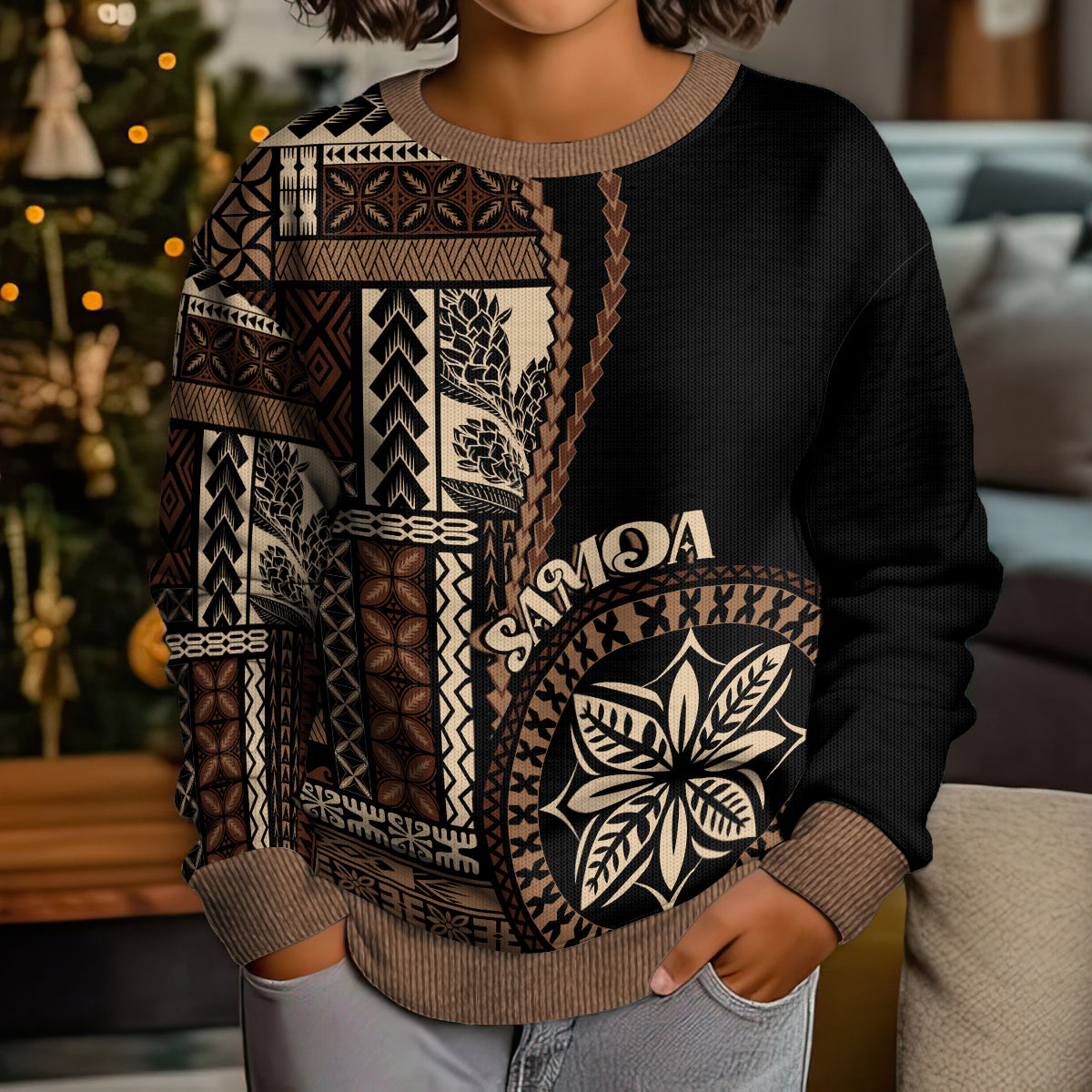 Samoa Siapo Motif Kid Ugly Christmas Sweater Classic Style - Black Ver - Wonder Print Shop