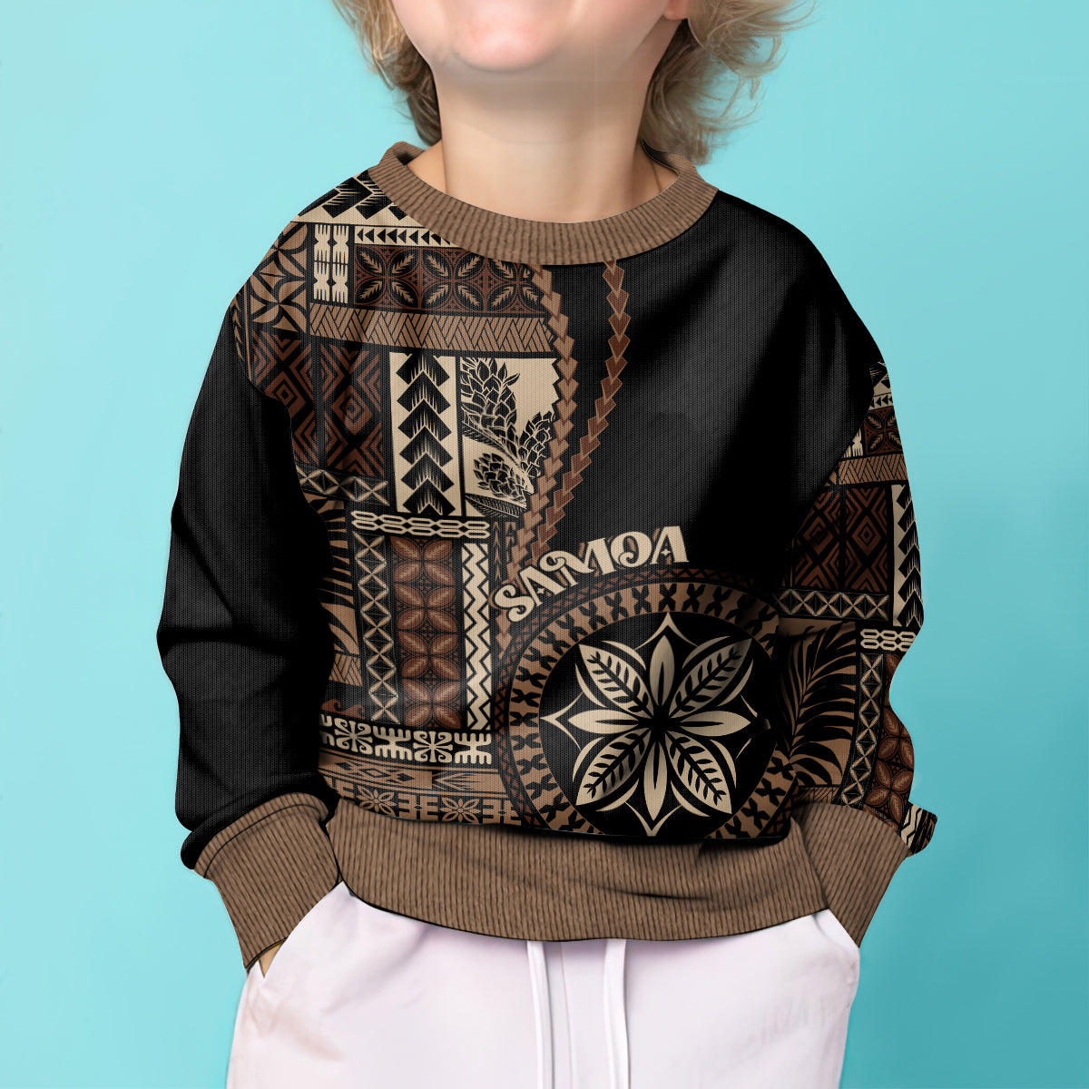 Samoa Siapo Motif Kid Ugly Christmas Sweater Classic Style - Black Ver - Wonder Print Shop