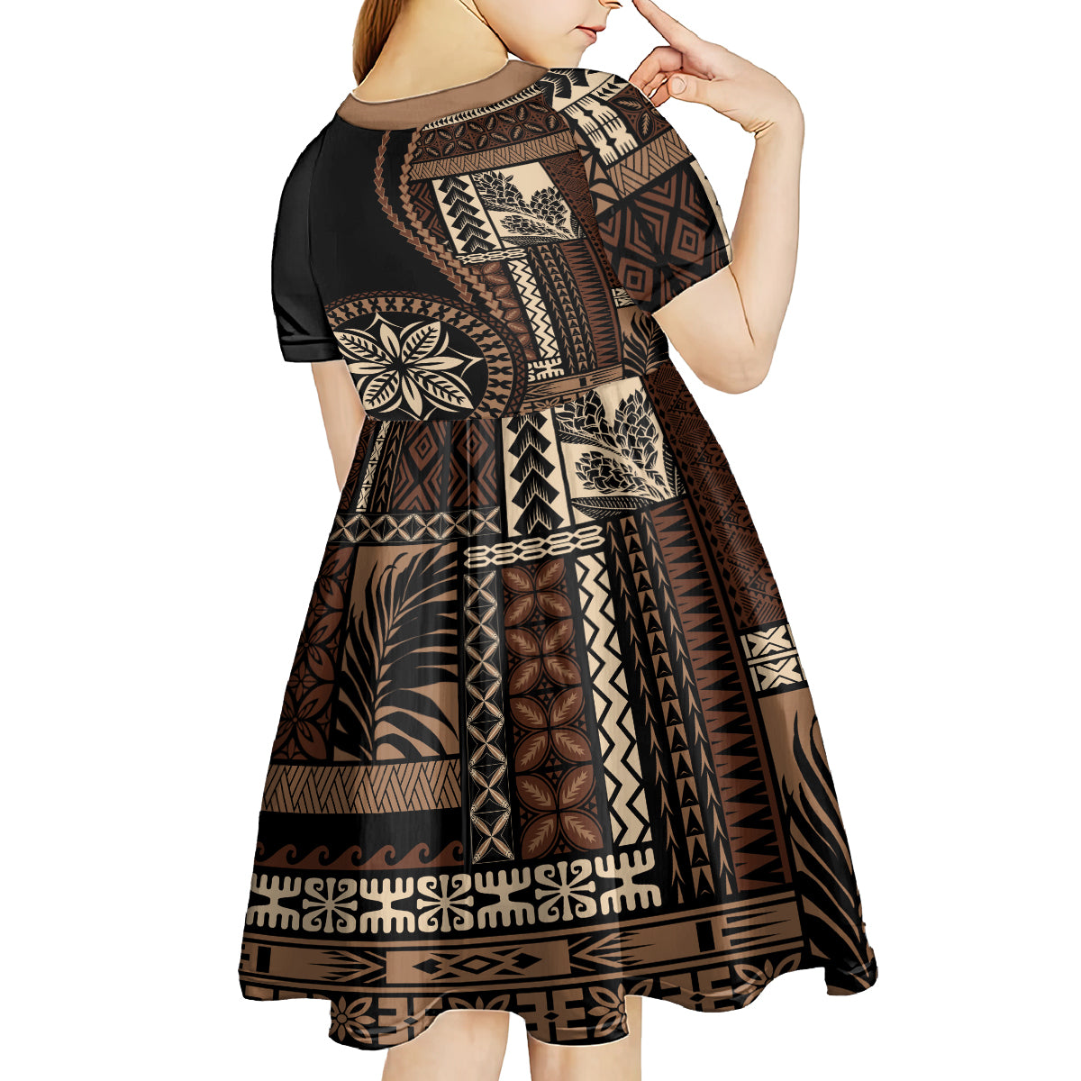 Samoa Siapo Motif Kid Short Sleeve Dress Classic Style - Black Ver - Wonder Print Shop