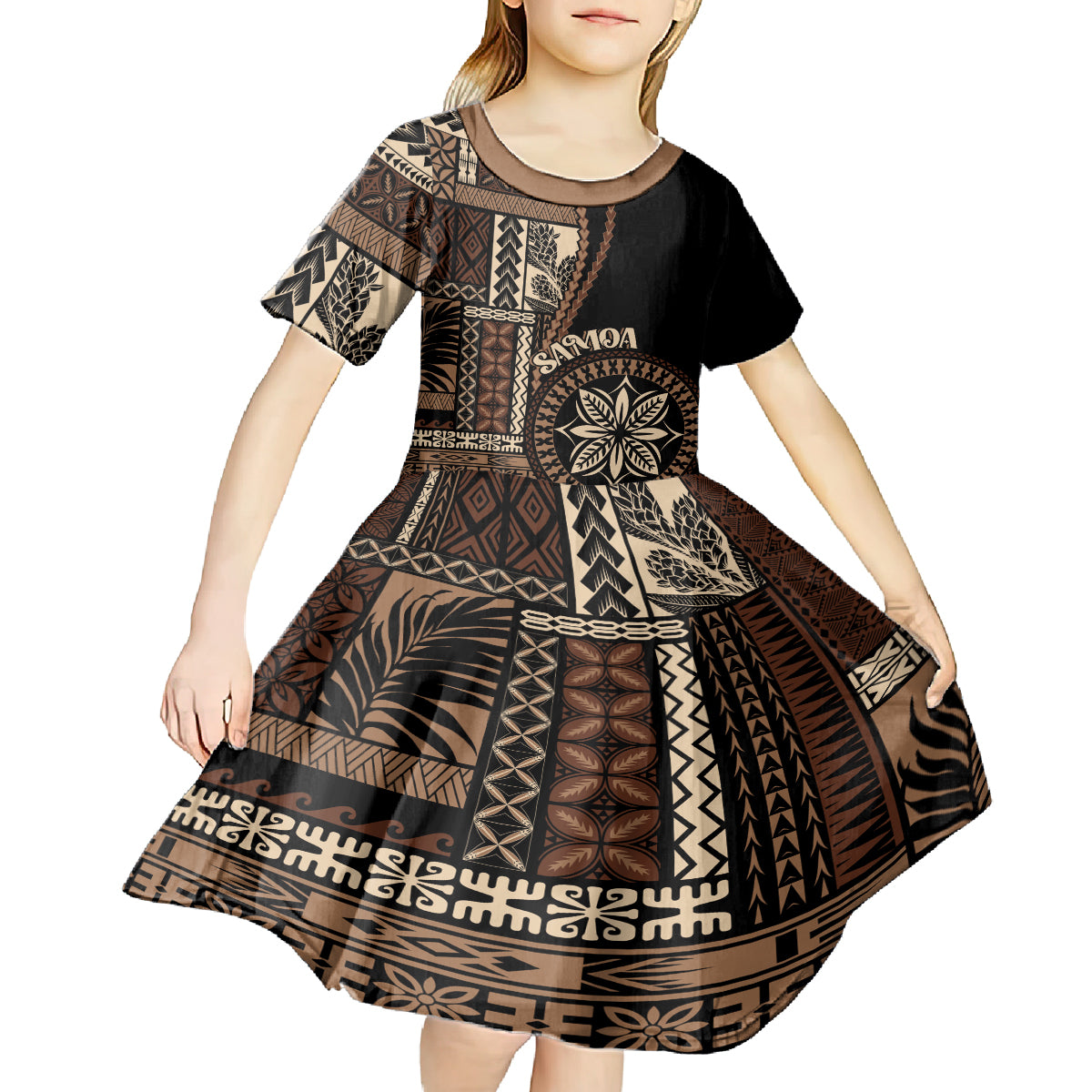 Samoa Siapo Motif Kid Short Sleeve Dress Classic Style - Black Ver - Wonder Print Shop