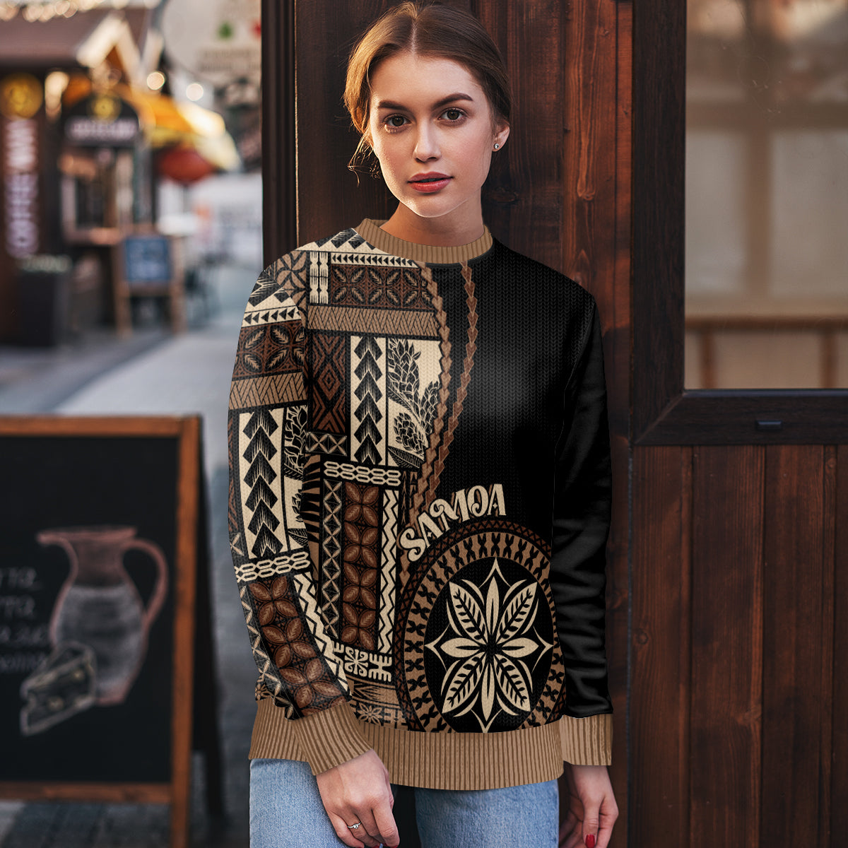 Samoa Siapo Motif Ugly Christmas Sweater Classic Style - Black Ver - Wonder Print Shop
