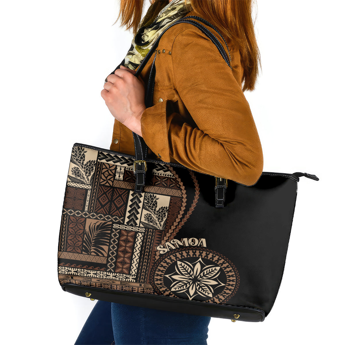 Samoa Siapo Motif Leather Tote Bag Classic Style - Black Ver - Wonder Print Shop