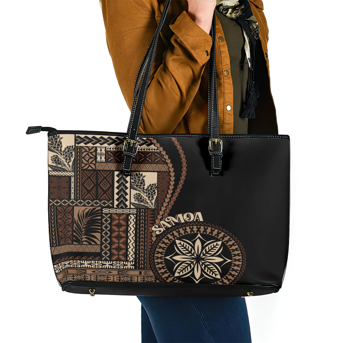 Samoa Siapo Motif Leather Tote Bag Classic Style - Black Ver - Wonder Print Shop