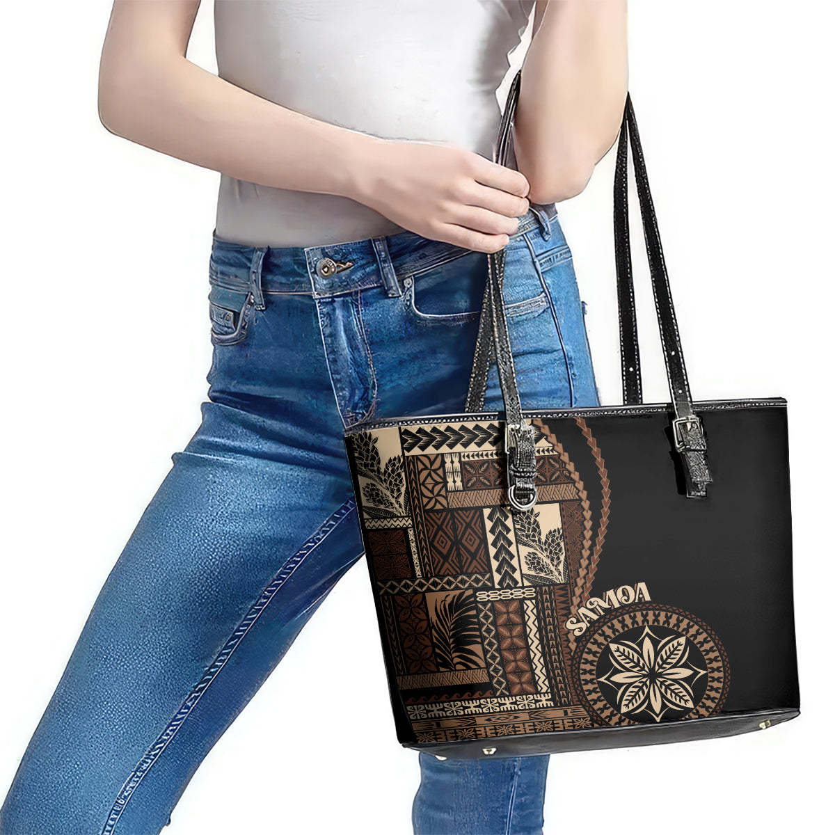 Samoa Siapo Motif Leather Tote Bag Classic Style - Black Ver - Wonder Print Shop