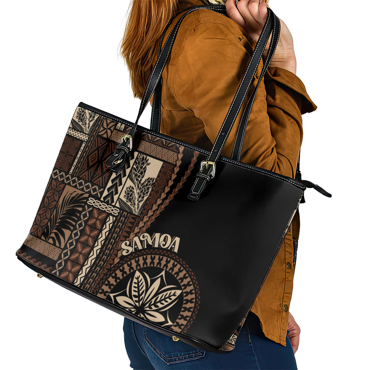 Samoa Siapo Motif Leather Tote Bag Classic Style - Black Ver - Wonder Print Shop