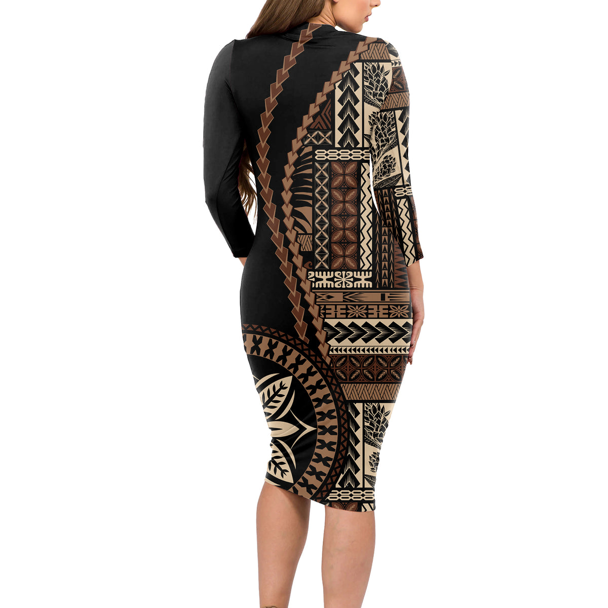 Samoa Siapo Motif Long Sleeve Bodycon Dress Classic Style - Black Ver - Wonder Print Shop