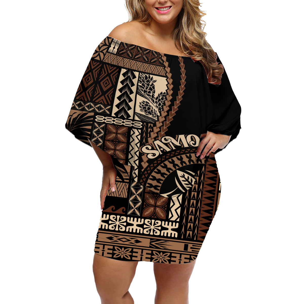 Samoa Siapo Motif Off Shoulder Short Dress Classic Style - Black Ver - Wonder Print Shop