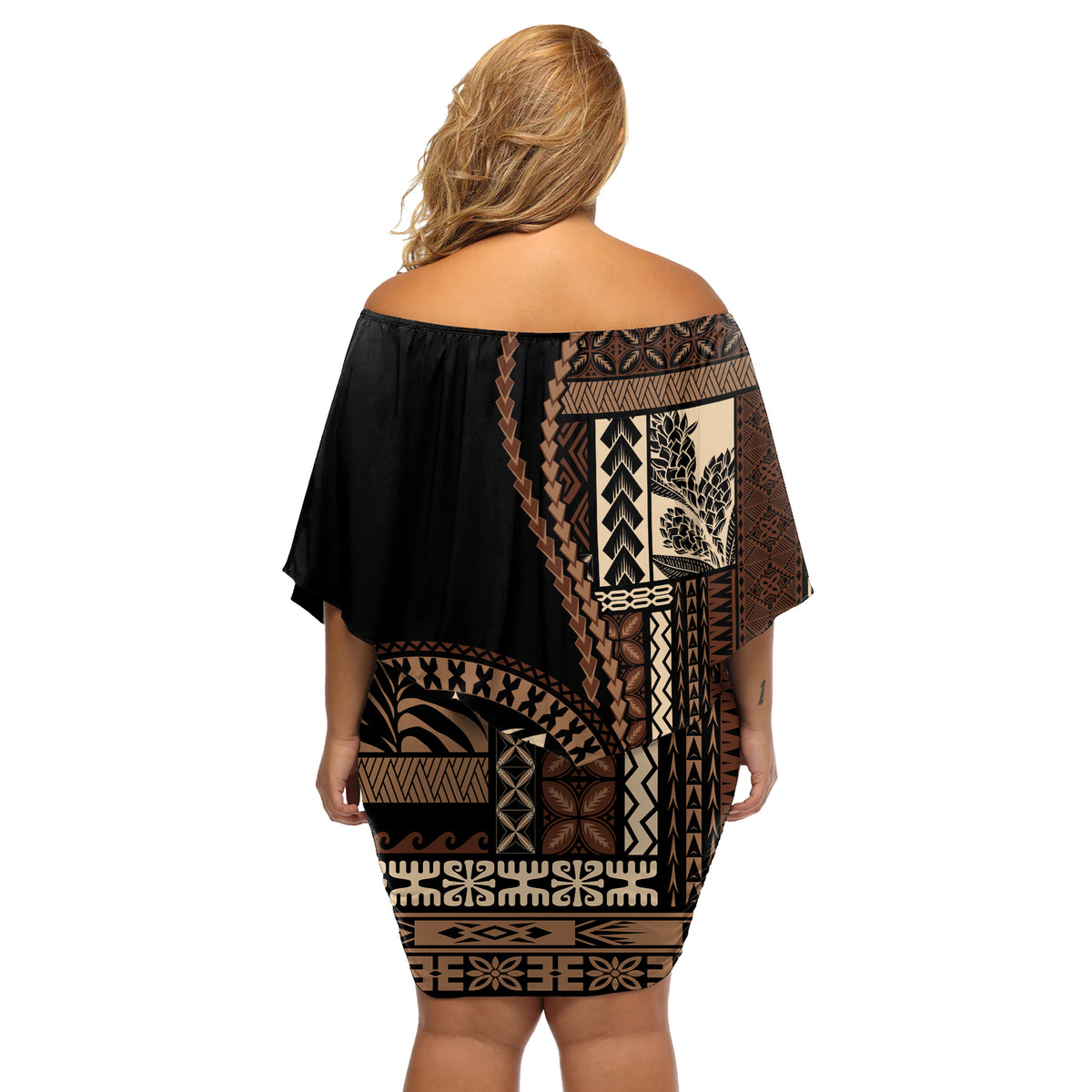 Samoa Siapo Motif Off Shoulder Short Dress Classic Style - Black Ver - Wonder Print Shop
