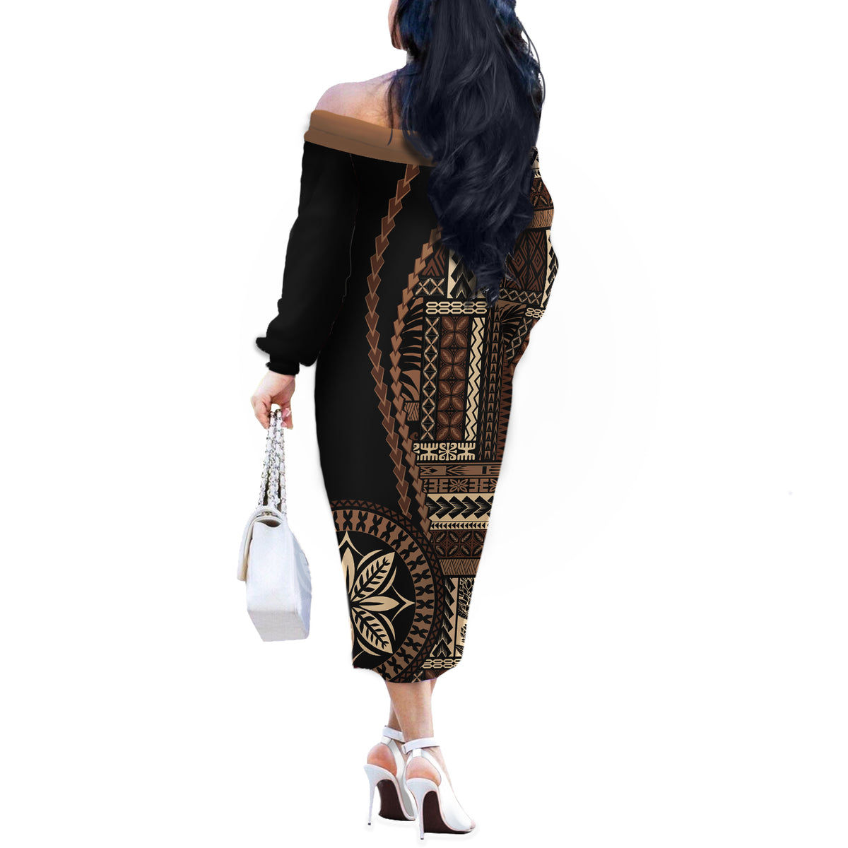 Samoa Siapo Motif Off The Shoulder Long Sleeve Dress Classic Style - Black Ver - Wonder Print Shop