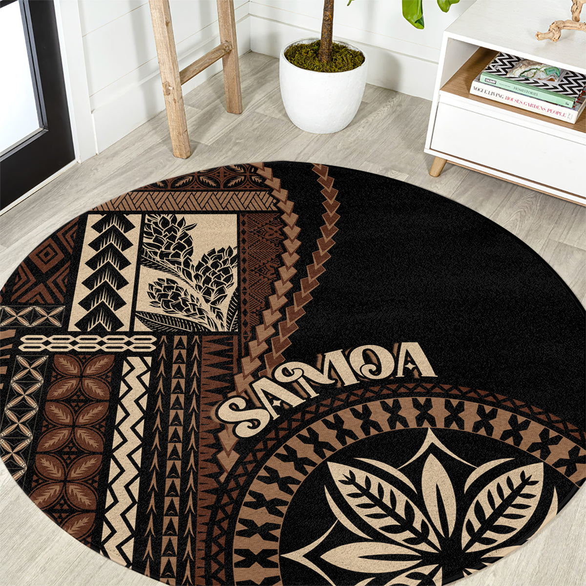 samoa-siapo-motif-round-carpet-classic-style-black-ver