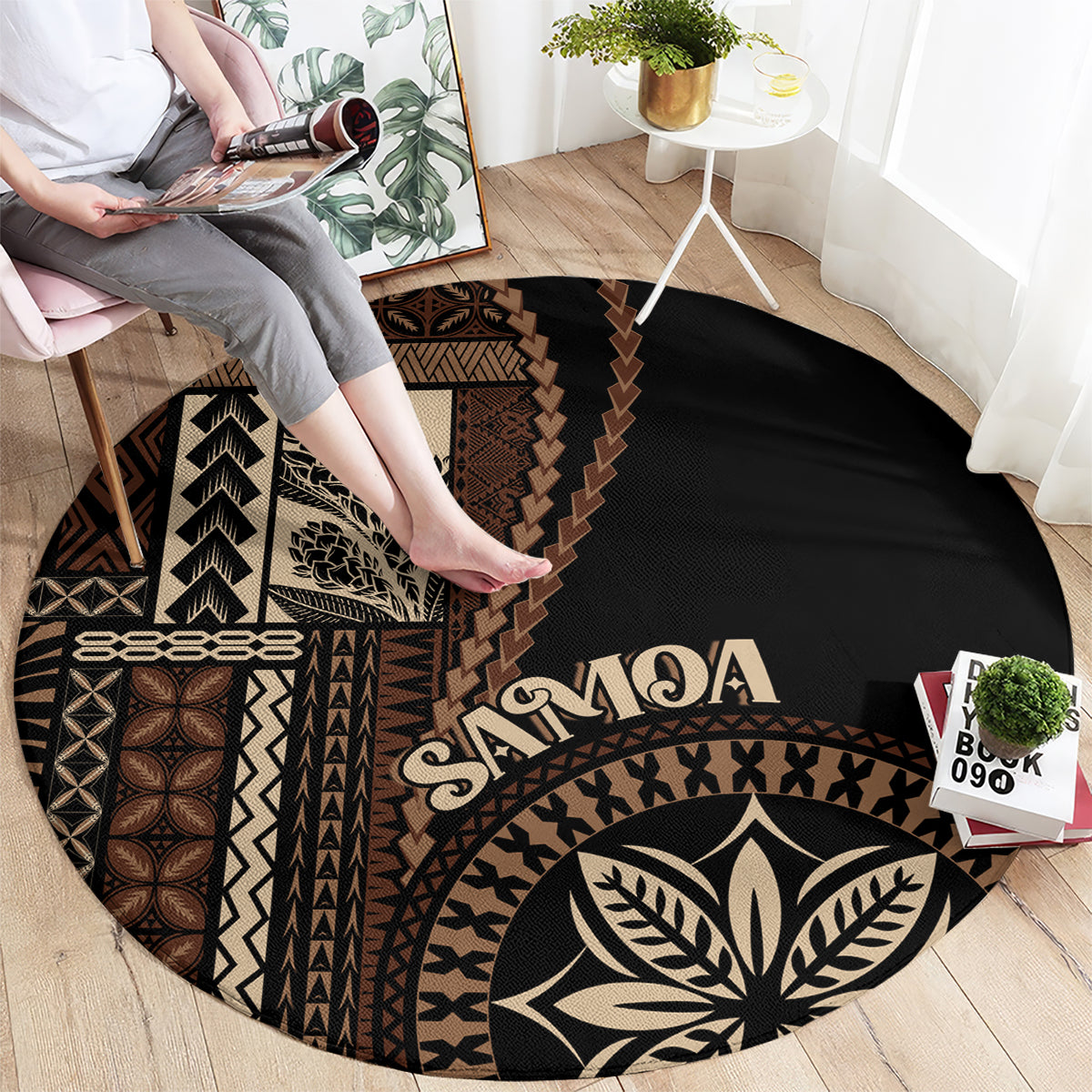 samoa-siapo-motif-round-carpet-classic-style-black-ver