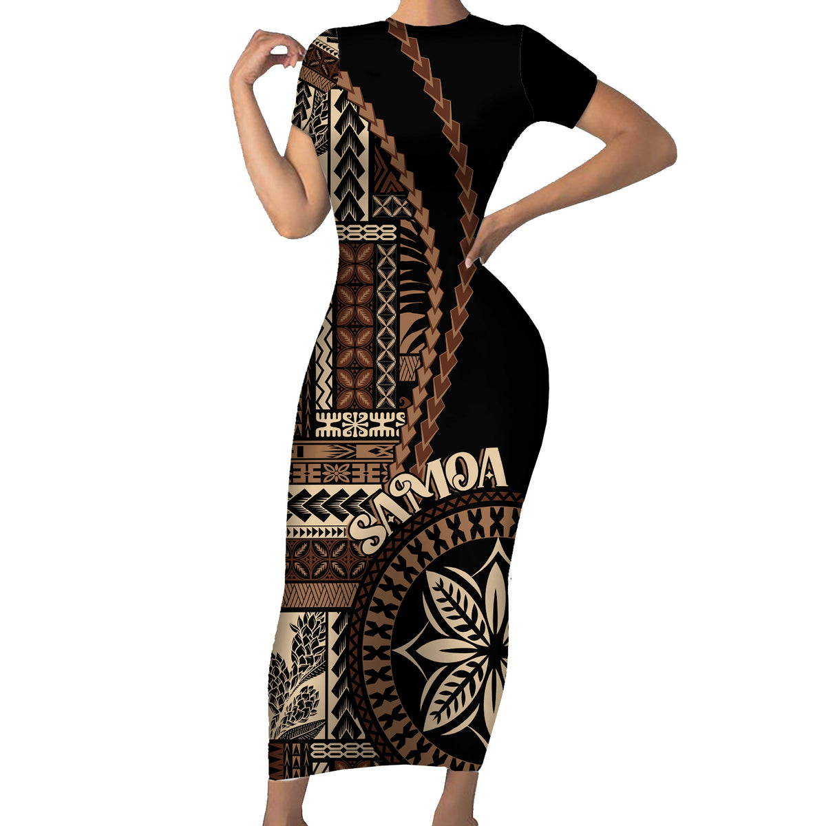 Samoa Siapo Motif Short Sleeve Bodycon Dress Classic Style - Black Ver - Wonder Print Shop