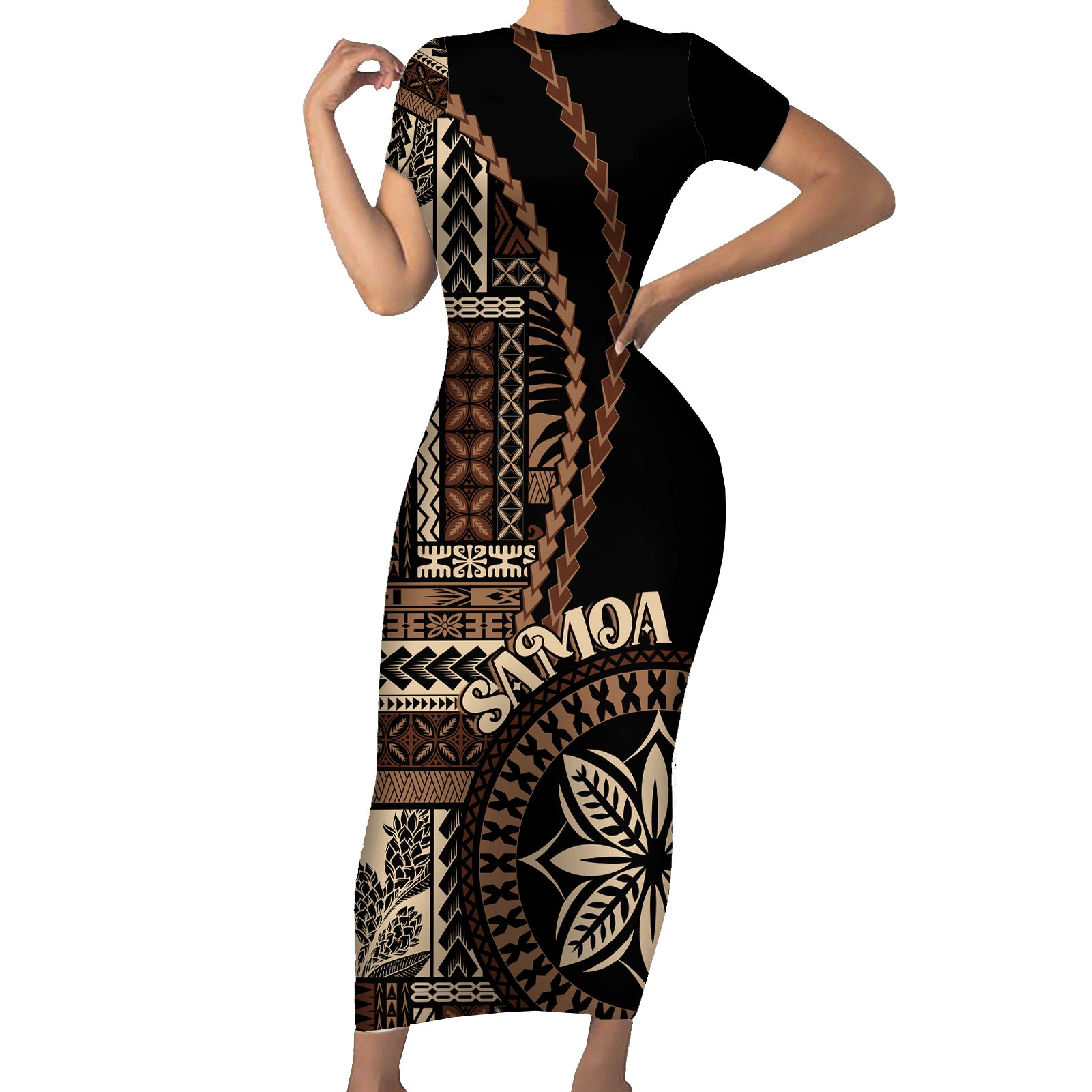 Samoa Siapo Motif Short Sleeve Bodycon Dress Classic Style - Black Ver - Wonder Print Shop
