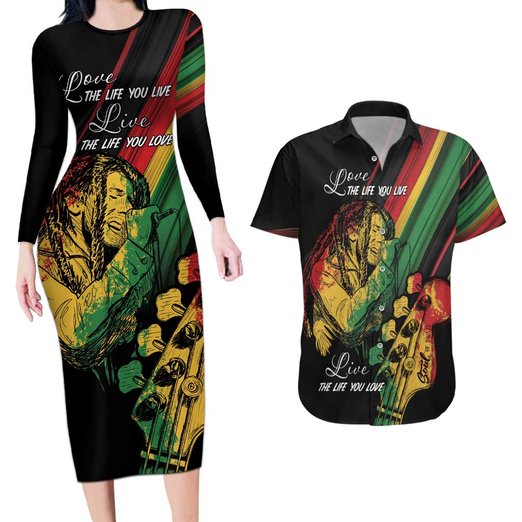 Personalised Reggae Couples Matching Long Sleeve Bodycon Dress and Hawaiian Shirt Live The Way You Love LT7 - Wonder Print Shop