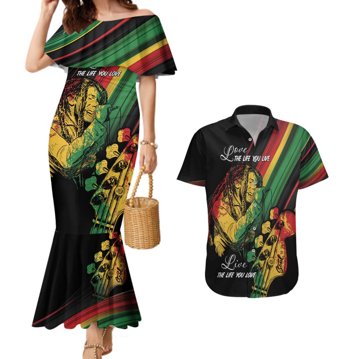Personalised Reggae Couples Matching Mermaid Dress and Hawaiian Shirt Live The Way You Love LT7 - Wonder Print Shop